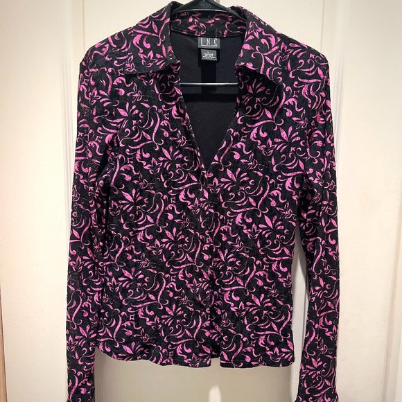 INC. Black & Fuschia Lace Long Sleeve Blouse Top Size Large - Picture 1 of 5